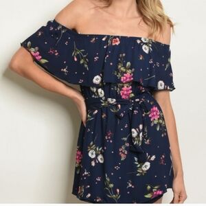 Trendsetter Diva Navy Blue Pink Floral Ruffled Off Shoulder Dress NWT Medium